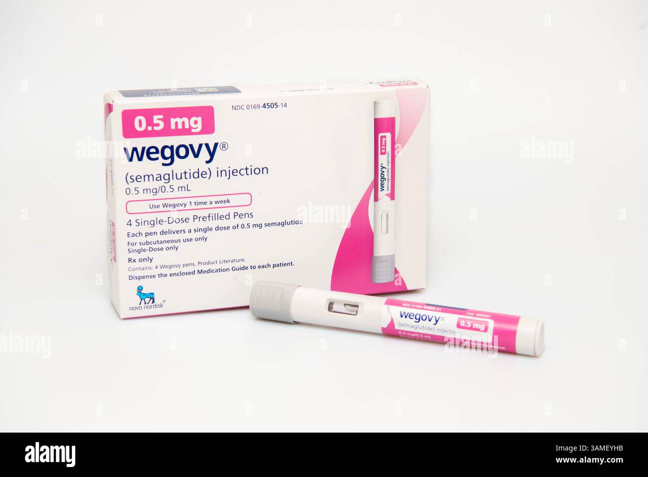 Médicaments médicaments Wegovy GLP-1 semaglutide injection stylo unidose fabriqué par Novo Nordisk 0.5MG Banque D'Images