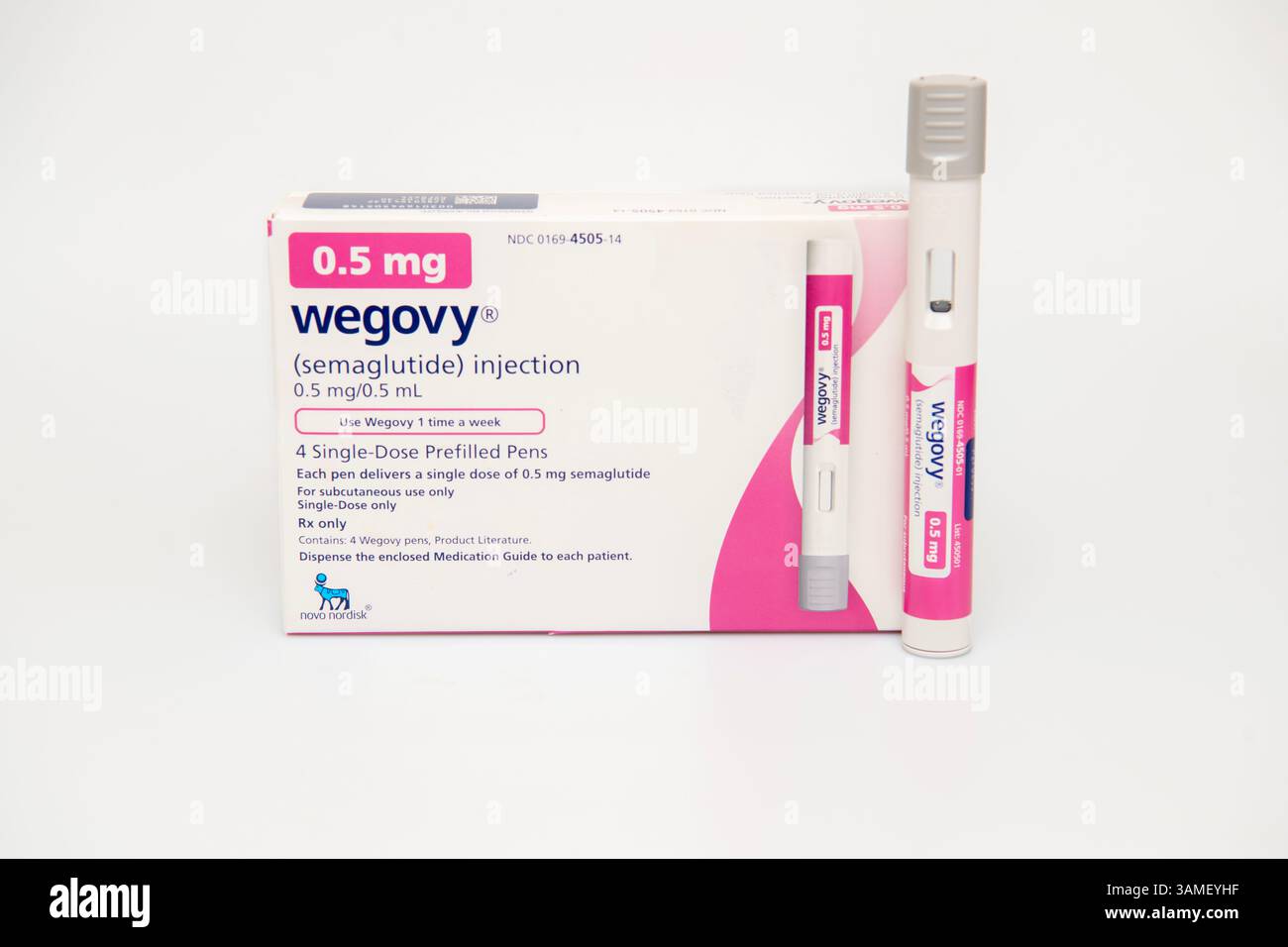Médicaments médicaments Wegovy GLP-1 semaglutide injection stylo unidose fabriqué par Novo Nordisk 0.5MG Banque D'Images