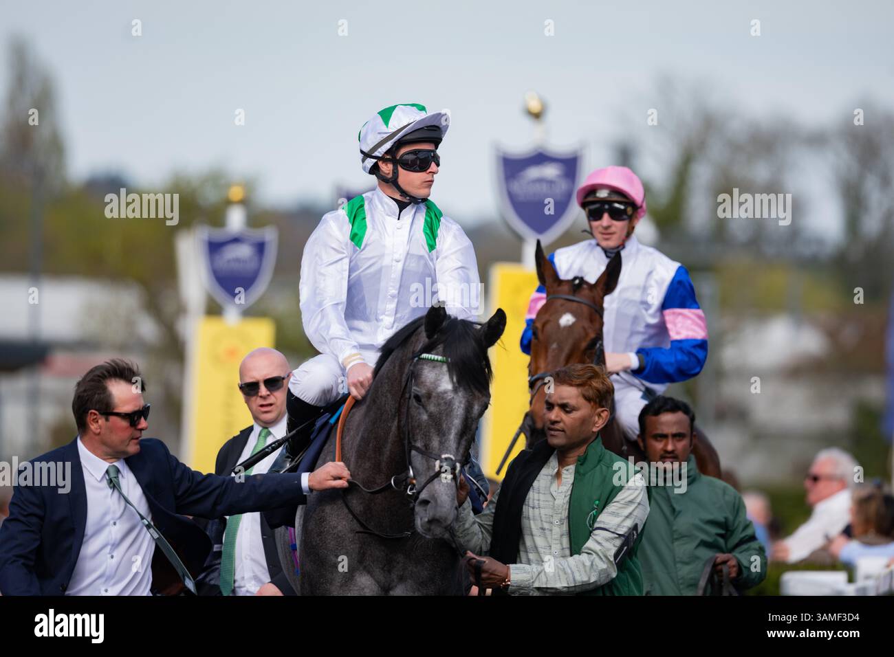 Al Wasl Storm et Whatcombe se dirigent vers le départ des Darley confinés EBF Maiden Stakes à Newbury. Crédit JTW Equine images / Alamy Banque D'Images
