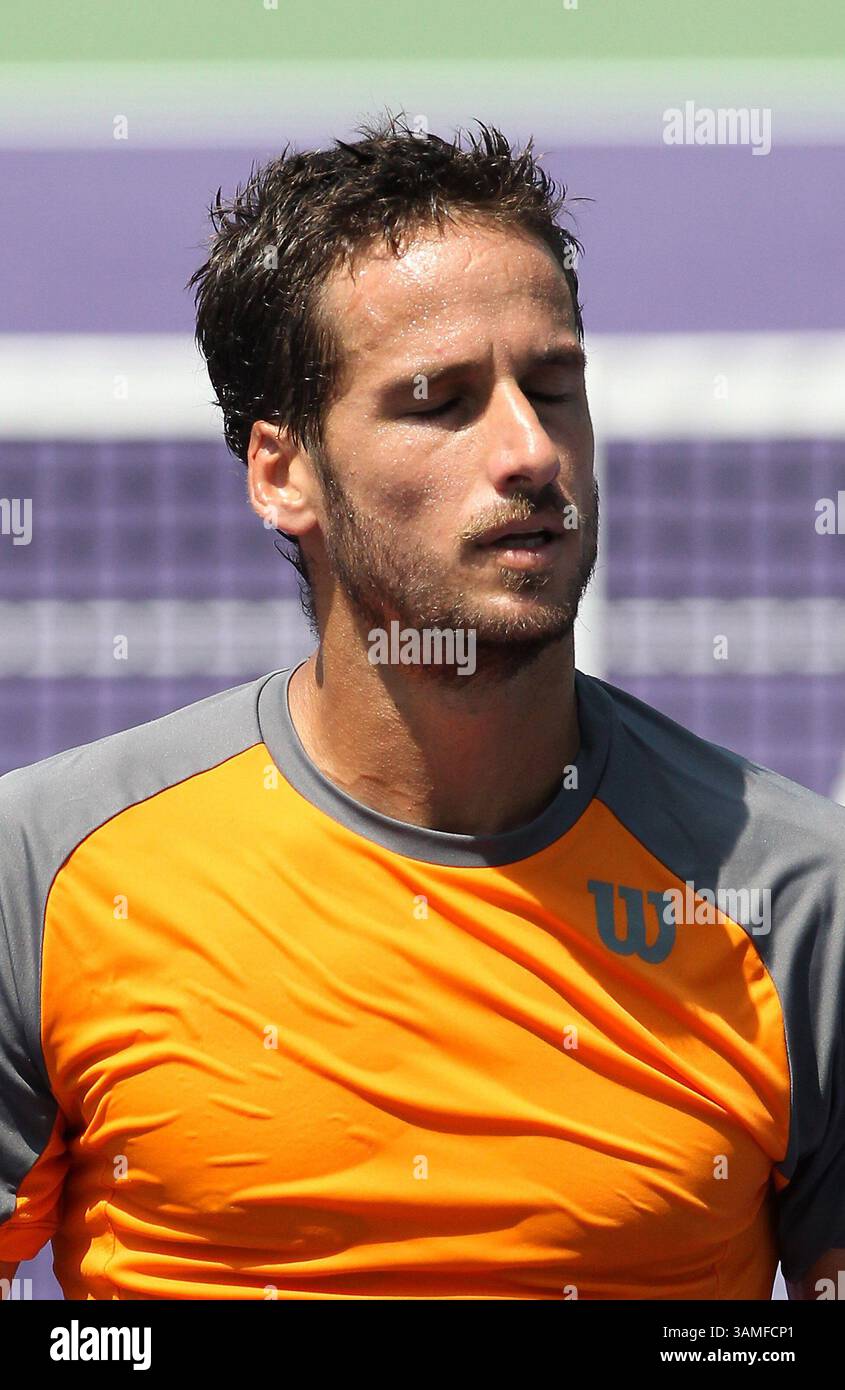 23 mars 2014 - Miami, Floride, États-Unis - L'Espagnol Feliciano Lopez réagit après un match contre le Britannique Andy Murray lors du tournoi de tennis Sony Open à Key Biscayne en Floride, le dimanche 23 mars 2014. (Crédit image : © David Santiago/MCT/ZUMAPRESS.com) Banque D'Images