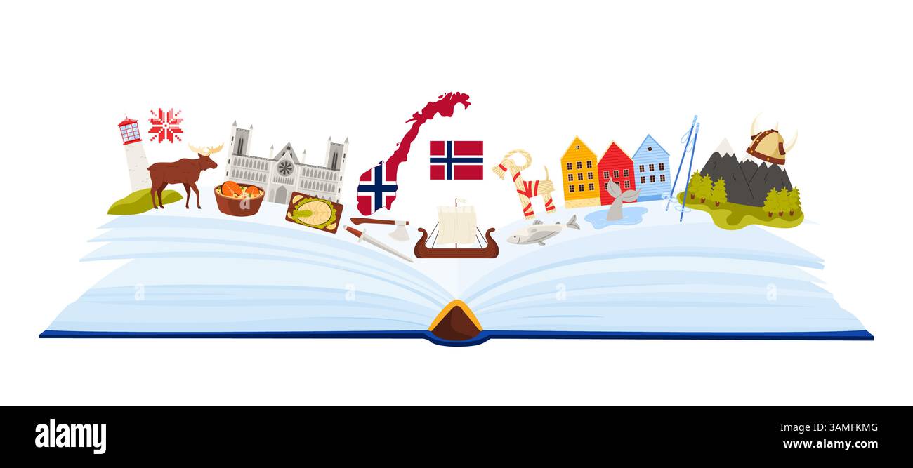 Éléments de culture de Norvège et paysage de montagne et de fjord de la nature, monuments norvégiens et étude de la langue dans le collage de livre infographique avec de la nourriture traditionnelle, des bâtiments illustration vectorielle de dessin animé Illustration de Vecteur