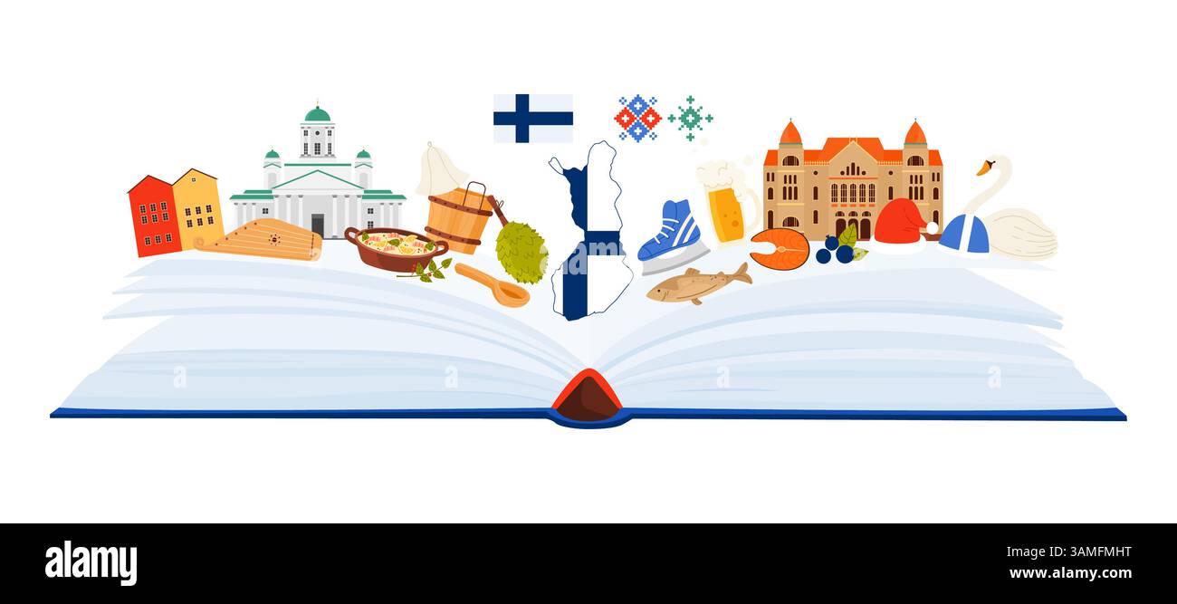 Éléments de la culture finlandaise et architecture célèbre d'Helsinki, langue pour l'étude de la Finlande. Livre de guide papier ouvert et collage de monuments et de monuments, nourriture pour les touristes illustration vectorielle de dessin animé Illustration de Vecteur