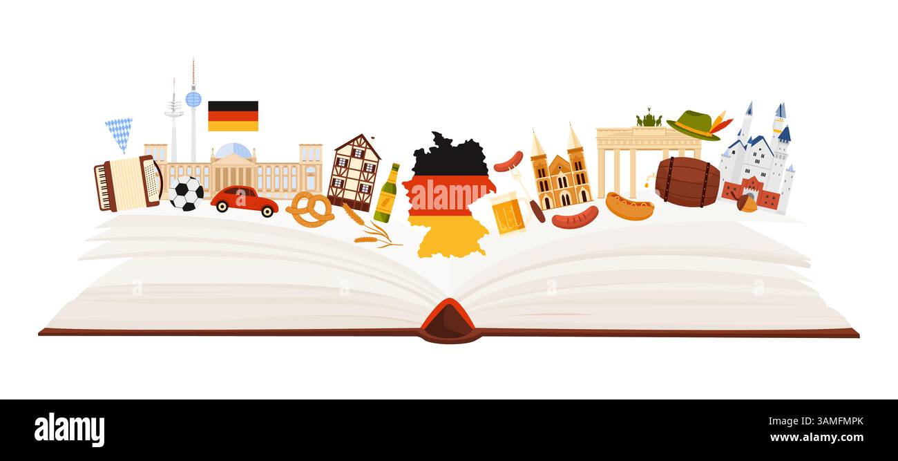 Éléments de culture de l'Allemagne et articles Oktoberfest, étude de la nourriture et de la langue dans le collage infographique avec des saucisses et de l'accordéon, carte avec drapeau, repère sur la page de livre de guide papier illustration vectorielle de dessin animé Illustration de Vecteur