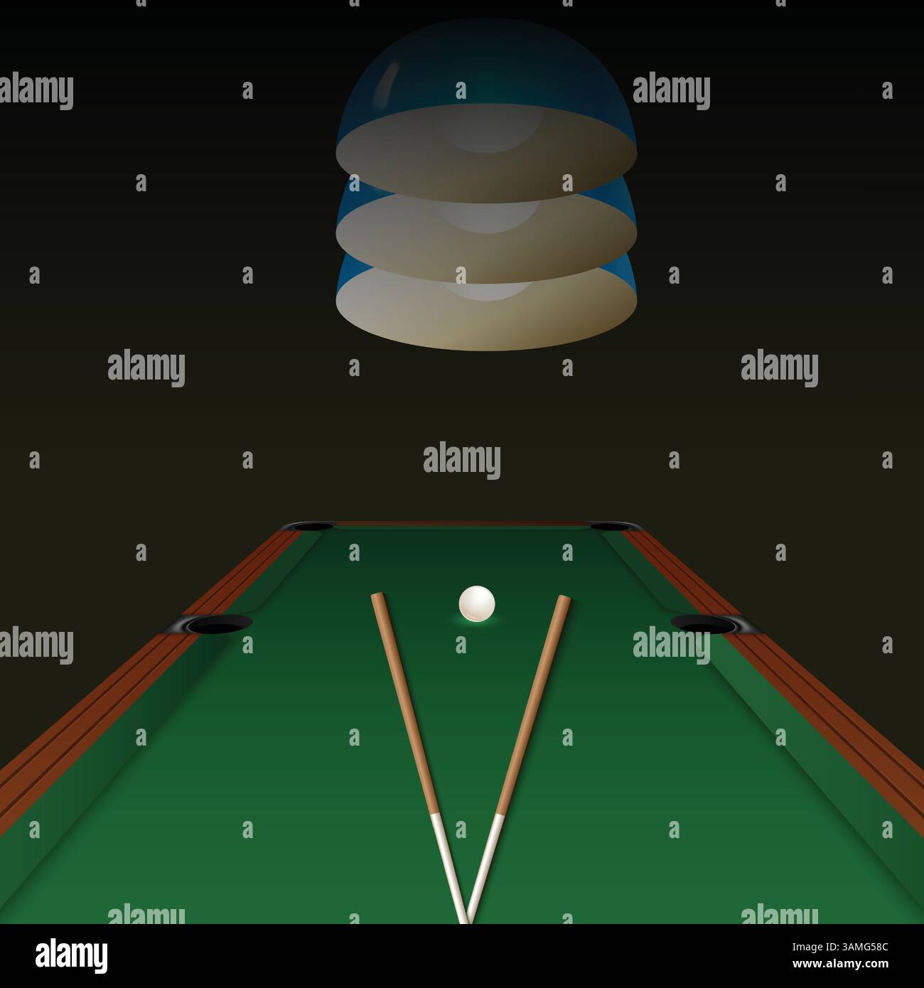 Boules de billard sur la table avec une queue et des boules. Billard américain, lampe de table de snooker, illustration vectorielle Illustration de Vecteur