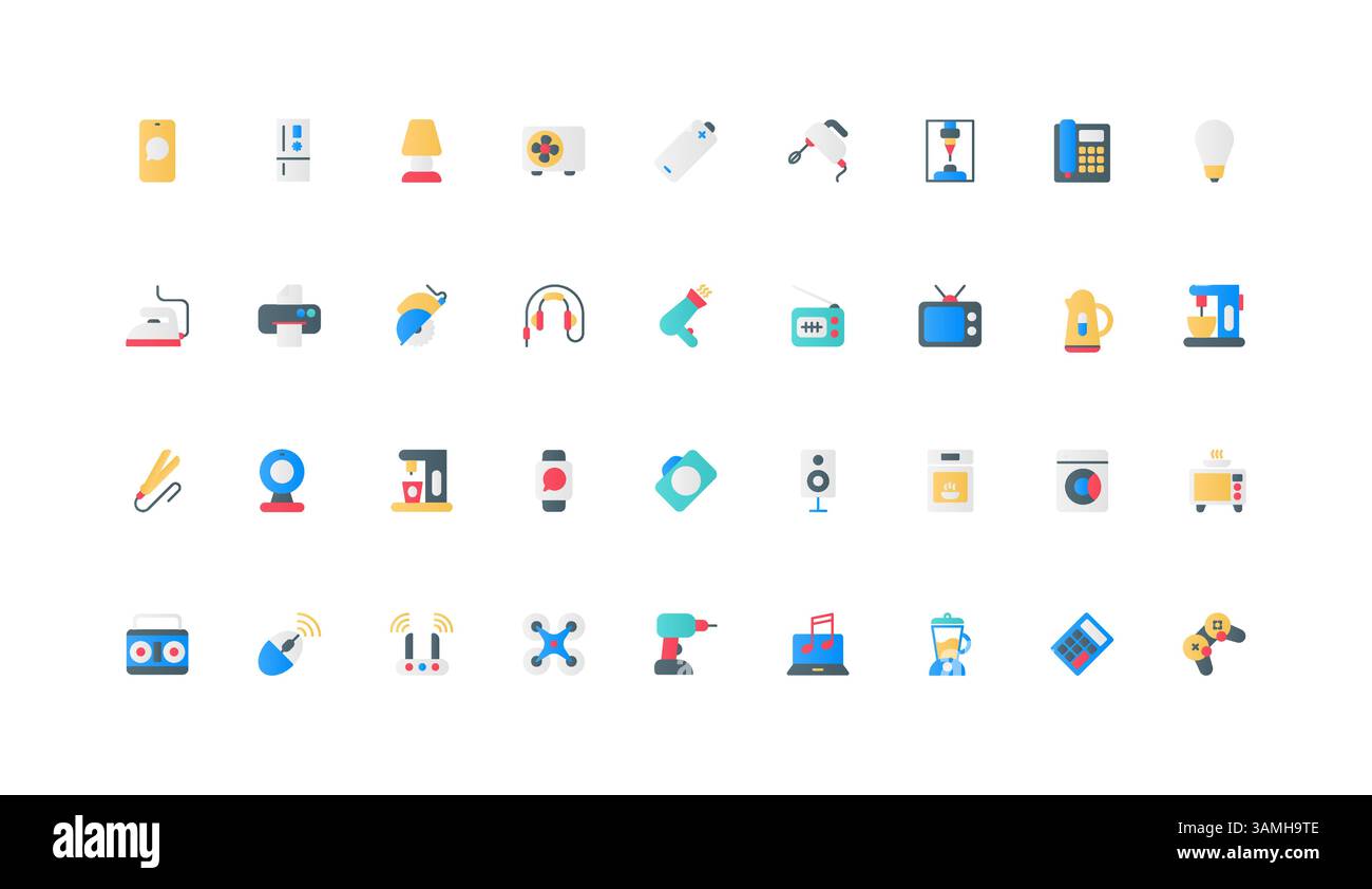 Gadgets et appareils multimédias, appareils électriques pour la cuisine et ensemble d'icônes de couleur domestique. TV et machine à café, caméra et écouteurs, drone et illustration vectorielle d'éléments plats de gamepad Illustration de Vecteur