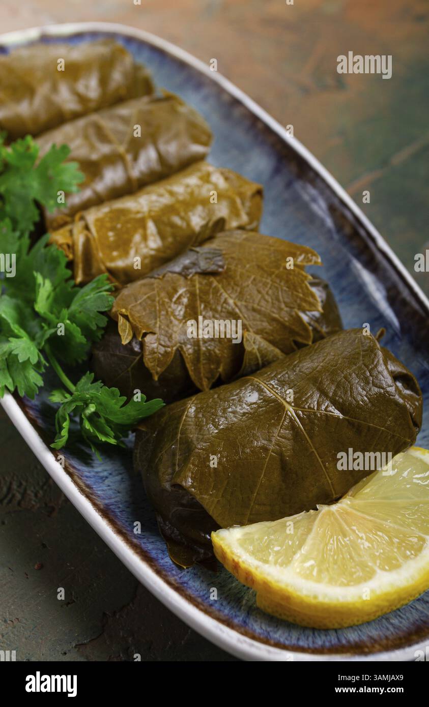 Dolma, viande hachée avec du riz, dans des feuilles de raisin, rouleaux avec de la viande hachée, sur une assiette, vue de dessus, pas de gens, tolma, feuilles de raisin avec fourrage Banque D'Images