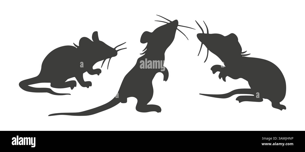 Souris. Ensemble de silhouettes noires isolées de rat. Tache dessinée à la main dans différentes poses, émotions et mouvements. Esquisse de contour à main levée Illustration de Vecteur