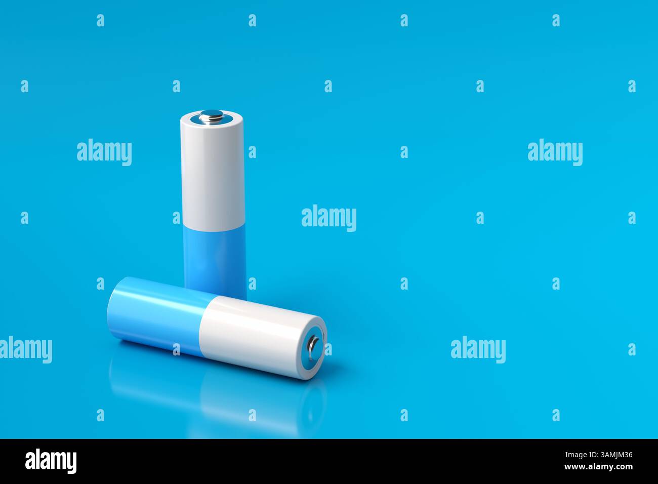 Deux batteries cylindriques reposent sur un fond bleu vif, symbolisant des solutions d'alimentation portables et un stockage d'énergie respectueux de l'environnement. Rendu 3D. Banque D'Images