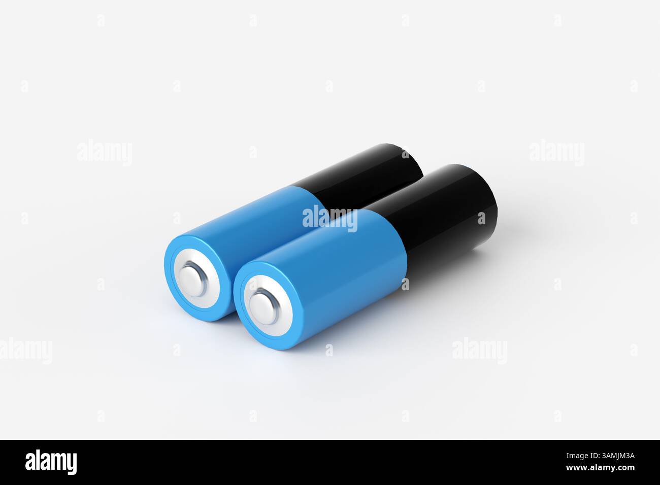 Deux piles AA bleues et noires reposent sur un fond blanc, représentant l'alimentation portable et la technologie de batterie. Rendu 3D. Banque D'Images