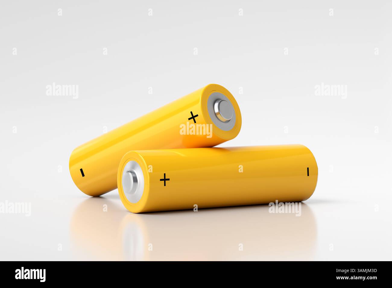 Deux piles aa jaunes reposent sur une surface blanche réfléchissante, fournissant une alimentation portable. Rendu 3D. Banque D'Images