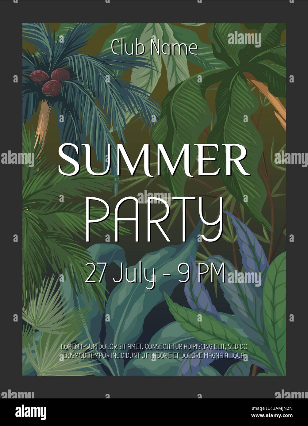 Design d'invitation pour une fête d'été. Modèle d'affiche tropicale, plante de cocotier et plantes exotiques vertes de la forêt tropicale. Fond naturel de botanique jungle. Flyer ou affiche de plage. Illustration isolée vectorielle Illustration de Vecteur