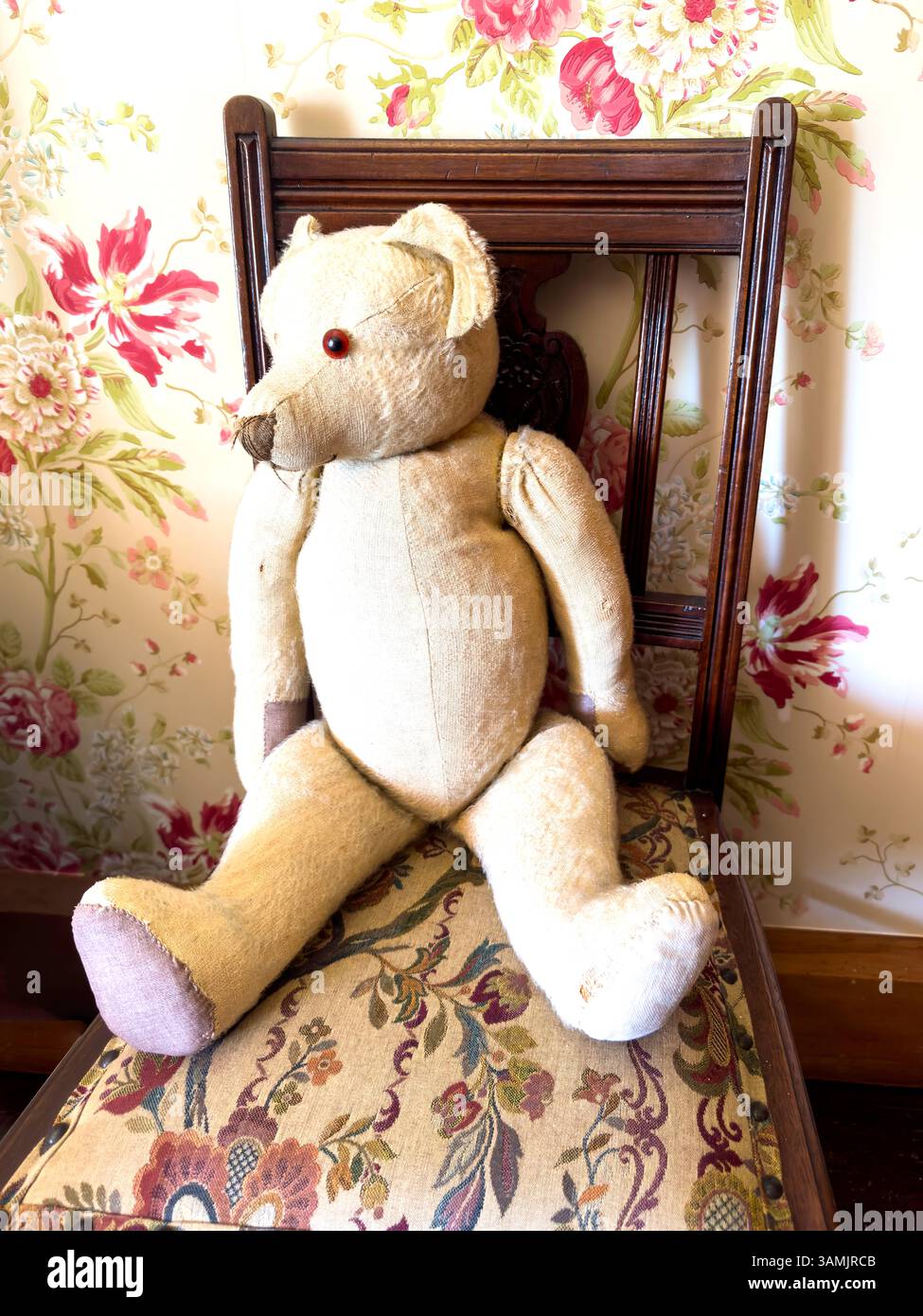 Ours en peluche vintage sur chaise dans la chambre, Riccarton House & Bush, Kahu Road, Fendalton, Christchurch (Ōtautahi), Canterbury Region, nouvelle-Zélande Banque D'Images
