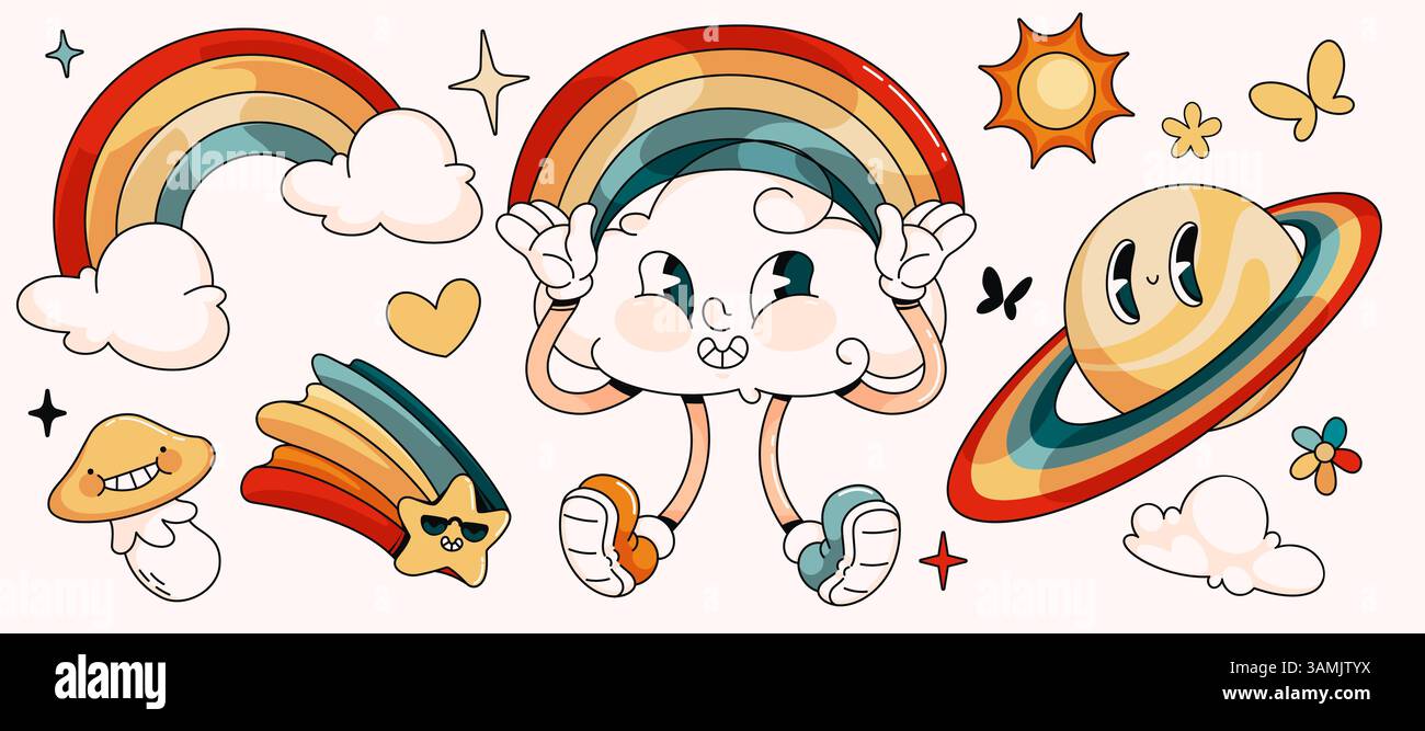 Mascottes de ciel rétro ensemble isolé sur fond blanc. Illustration de dessin animé vectoriel de nuage groovy, arc-en-ciel, planète, champignon, personnages d'étoiles souriants et volants, emoji mignon y2k, éléments de conception vintage Illustration de Vecteur