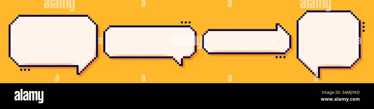 Bulles de parole de quatre pixels dessinées dans le style 8 bits sur fond jaune. Illustration de Vecteur