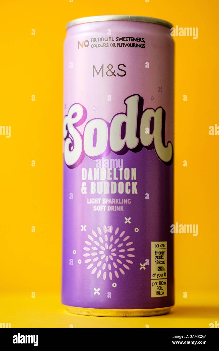 Londres, Royaume-Uni, 13 avril 2025, canette de Marks et Spancer Dissenlit et Burdock Soda Banque D'Images