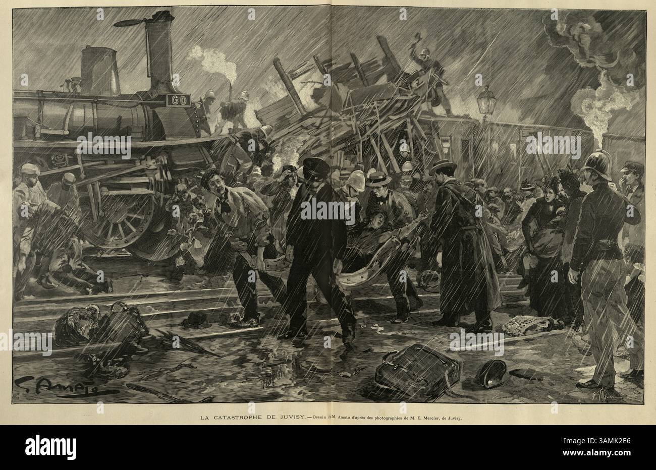 Passagers blessés sauvés d'un accident de train, accident ferroviaire à la gare de Juvisy à Juvisy-sur-orge, France, le 5 août 1899, 19ème siècle Banque D'Images