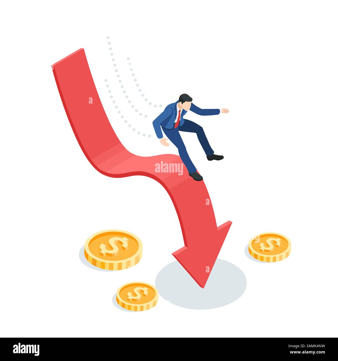 homme d'affaires vecteur isométrique tombant vers le bas de la flèche et des pièces de monnaie couchées avec l'icône du dollar, en couleur sur fond blanc, crise financière ou faillite Illustration de Vecteur