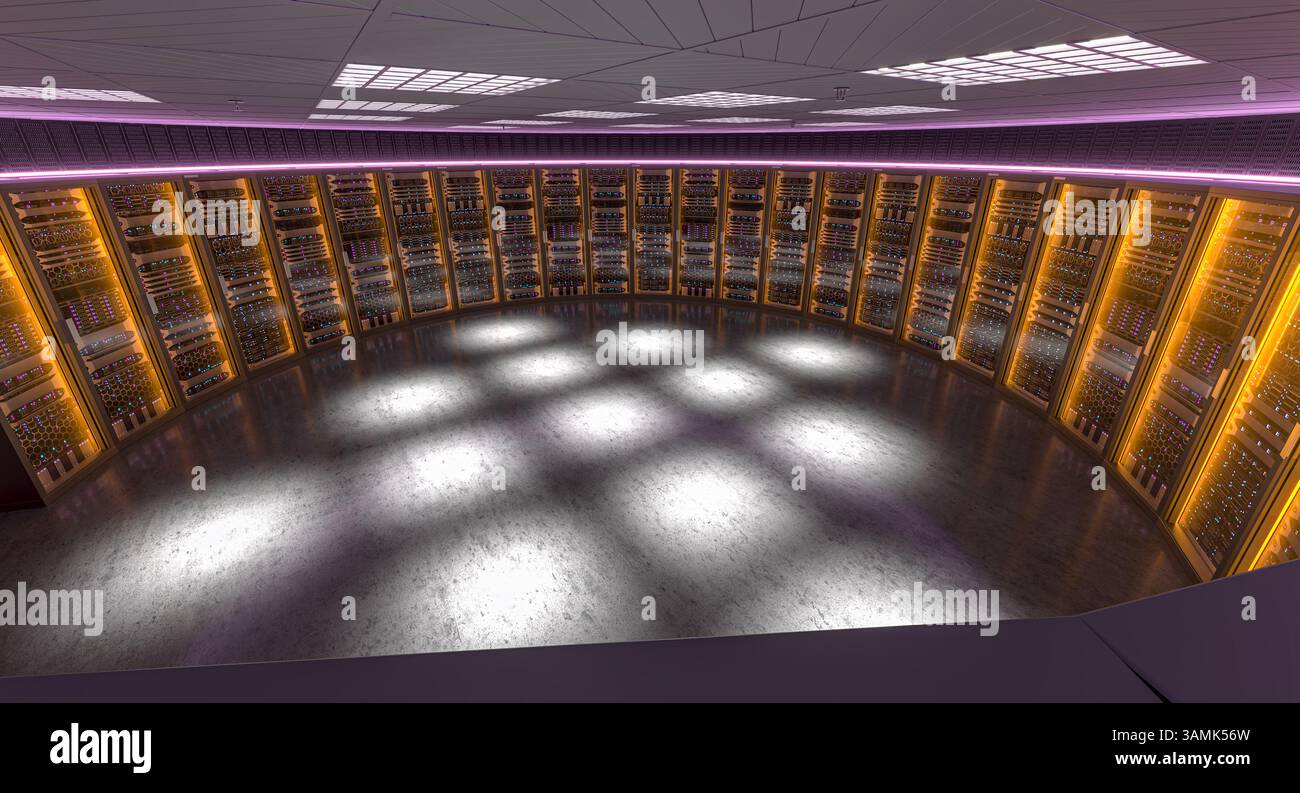 Salle des serveurs hébergeant des données volumineuses avec des lumières vives éclairant le sol 3D. Banque D'Images