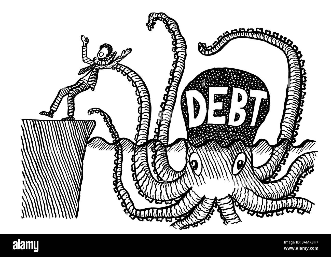 Dessin au stylo à main levée d'un homme d'affaires étranglé par un bras d'une pieuvre géante représentant LA DETTE. Métaphore de crise économique, déficit croissant, inhi Banque D'Images