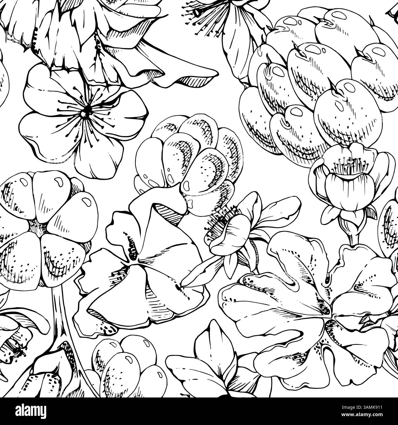 Fleurs blanches de framboise cloudberry, feuilles d'automne dessinées à la main encre vectorielle, ligne mûre baie de forêt sur les tiges. Illustration isolée de tuile de motif sans couture Illustration de Vecteur