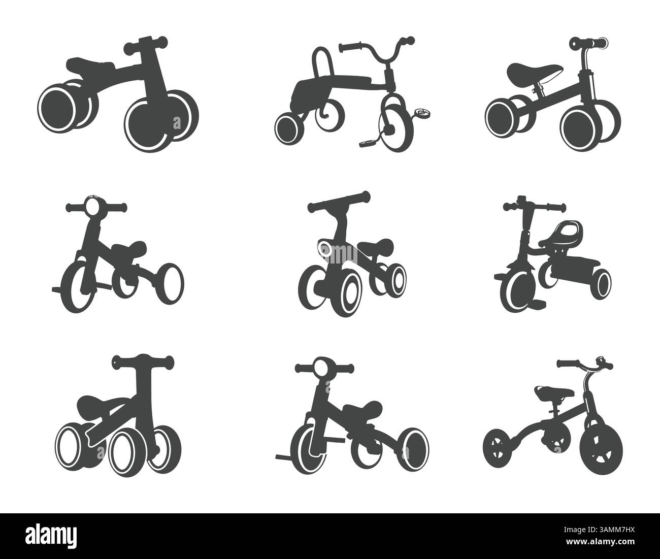 Vecteur vélo d'équilibre bébé, vecteur vélo enfant, silhouette vélo équilibre enfants, vecteurs tricycle enfants, silhouette tricycle enfants. Illustration de Vecteur