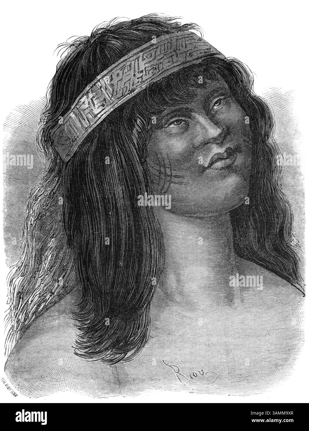 Portrait d'un Indien Iquito ou Iquitos, amérindien ou indigène de la région du bassin amazonien du Pérou Amérique du Sud. Illustration vintage ou historique ou gravure 1866 Banque D'Images
