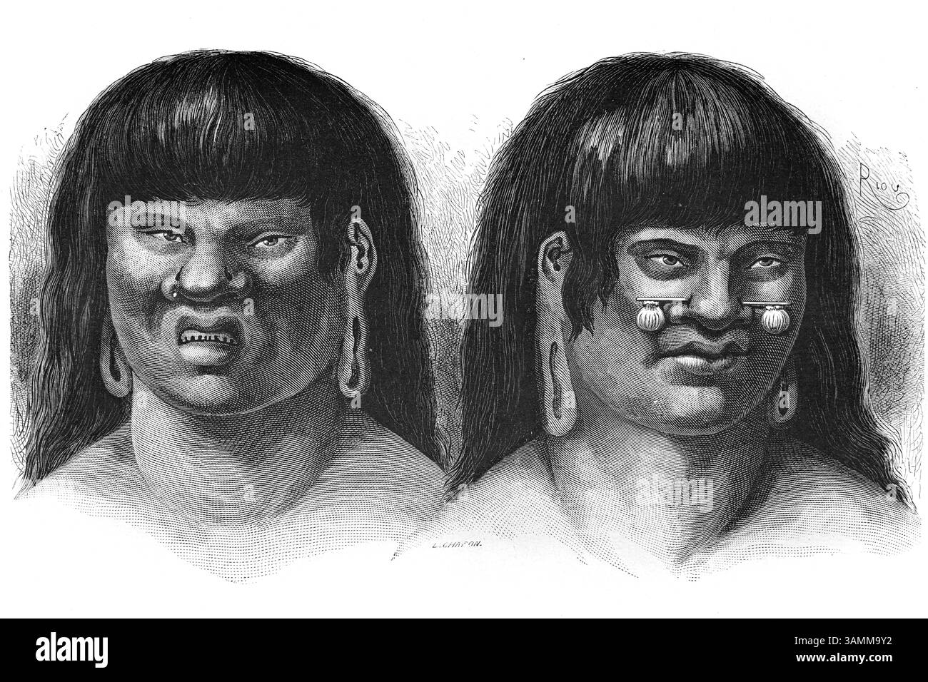 Portrait des Indiens Coto ou Orejon, Amérindiens, indigènes ou ethniques de la région du bassin amazonien du Pérou Amérique du Sud. Illustration vintage ou historique ou gravure 1866 Banque D'Images