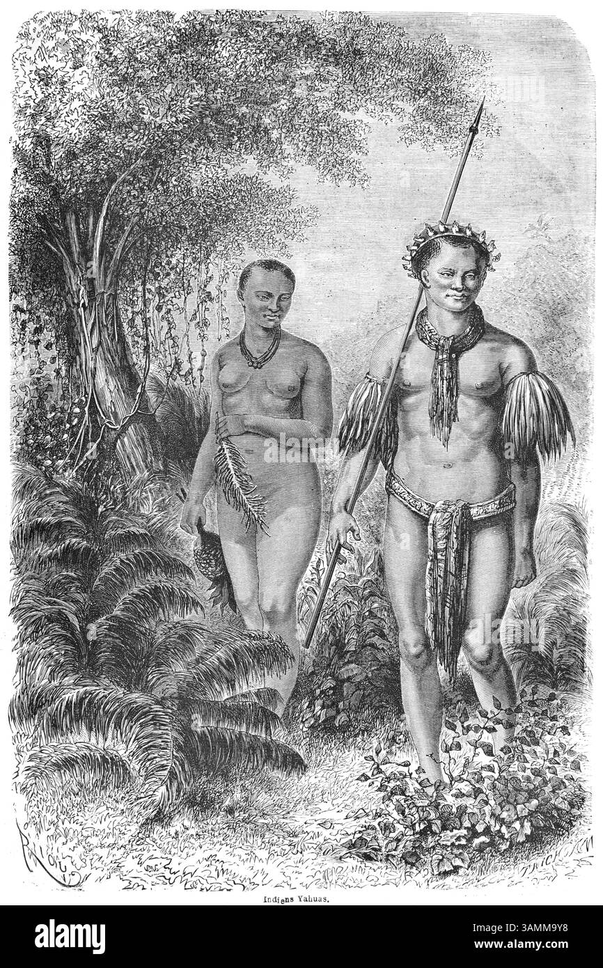 Indiens Yagua, Amérindiens amérindiens, indigènes ou ethniques de Colombie et du nord-est du Pérou dans la région du bassin amazonien en Amérique du Sud. Illustration vintage ou historique ou gravure 1866 Banque D'Images