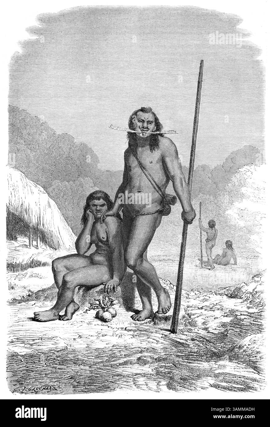 Indiens Mayoruna ou Matsés, Amérindiens, indigènes ou ethniques du Pérou et du Brésil dans la région du bassin amazonien en Amérique du Sud. Illustration vintage ou historique ou gravure 1866 Banque D'Images