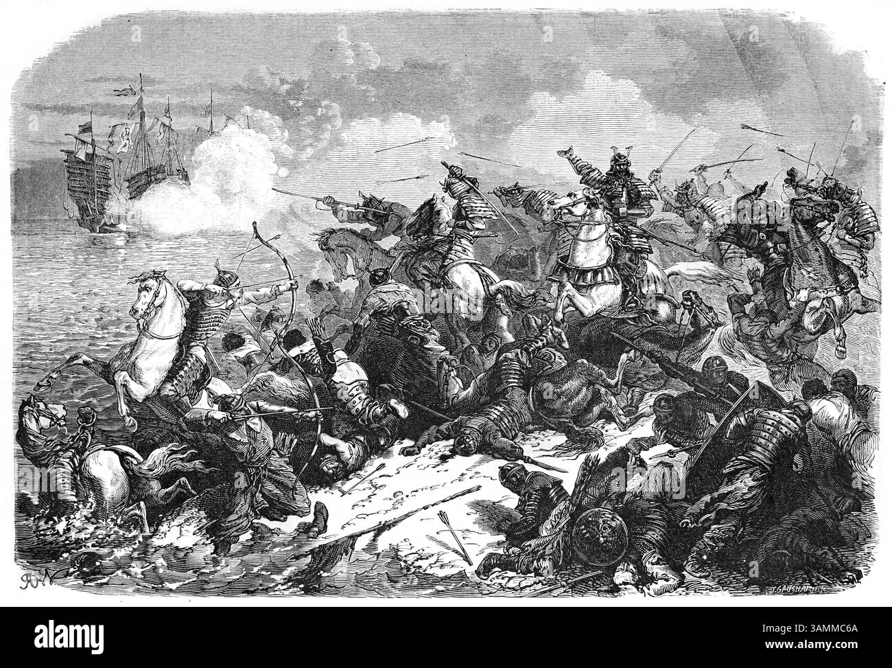 L'armée japonaise défait ou repousse l'invasion mongole du Japon en 1274 ou 1281. Gravure vintage ou historique ou illustration 1866 Banque D'Images