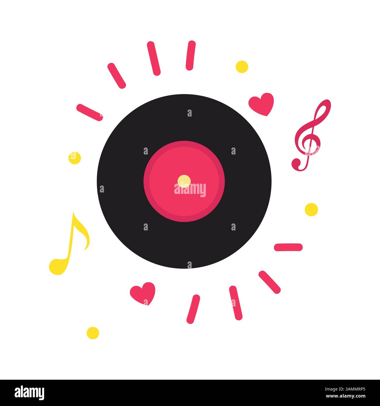 Disque vinyle noir rétro avec centre rose et notes de musique jaune pour la musique romantique et les thèmes de célébration de l'amour Illustration de Vecteur