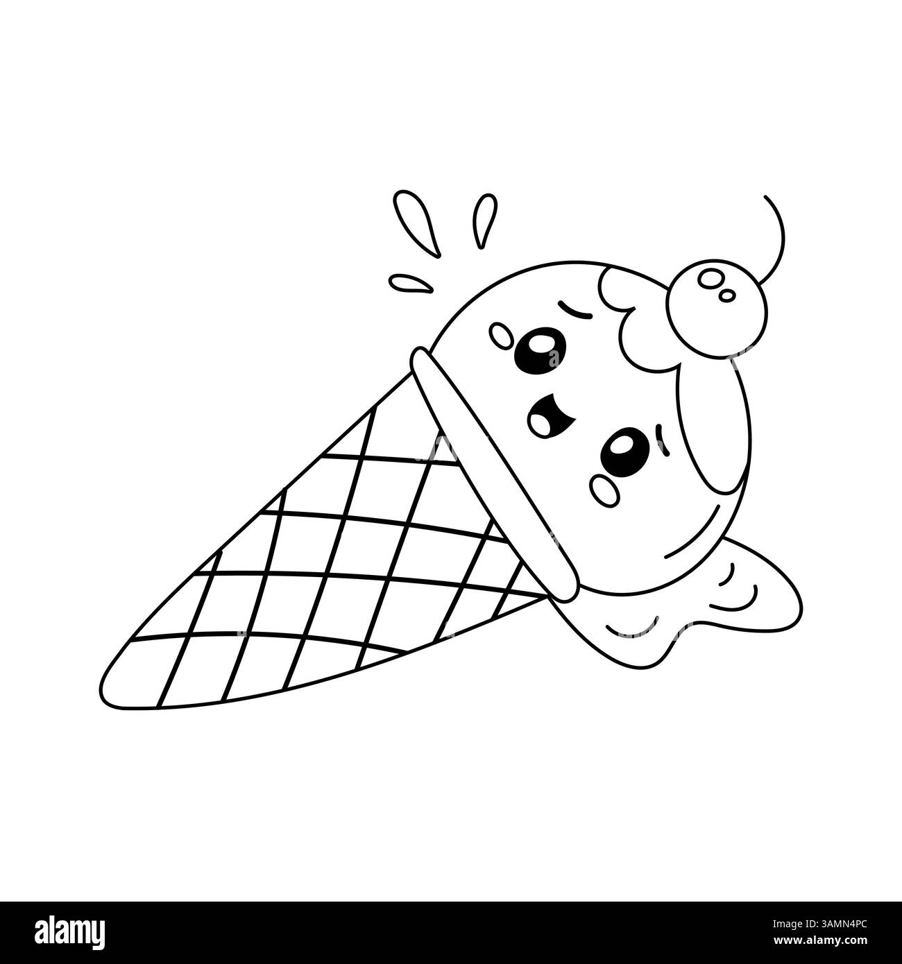 Crème glacée de dessin animé noir et blanc avec visage heureux et cerise sur le dessus. Design amusant pour la coloration des enfants ou un décor mignon. Illustration de Vecteur