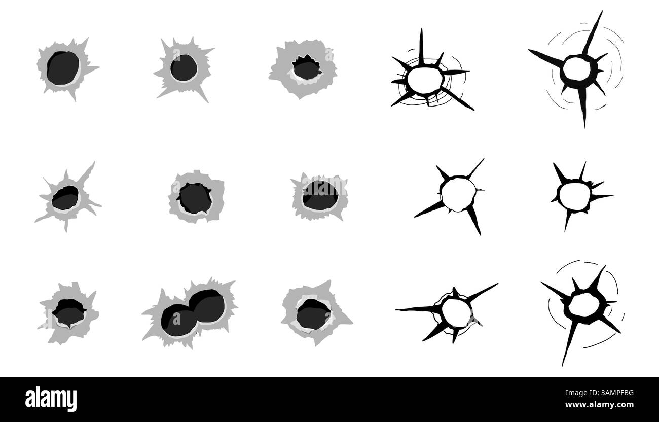 Silhouette de marque d'arme à feu de trou de balle, pistolet à impact, coup de feu de trou de balle. Dégâts de tir. Illustration vectorielle Illustration de Vecteur