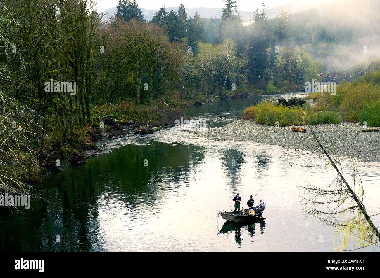 Île de Vancouver. Colombie-Britannique. Les pêcheurs pêchent à la ligne dans une petite rivière ou un ruisseau pour le saumon dans un beau paysage avec des montagnes, des arbres et des mouettes Banque D'Images