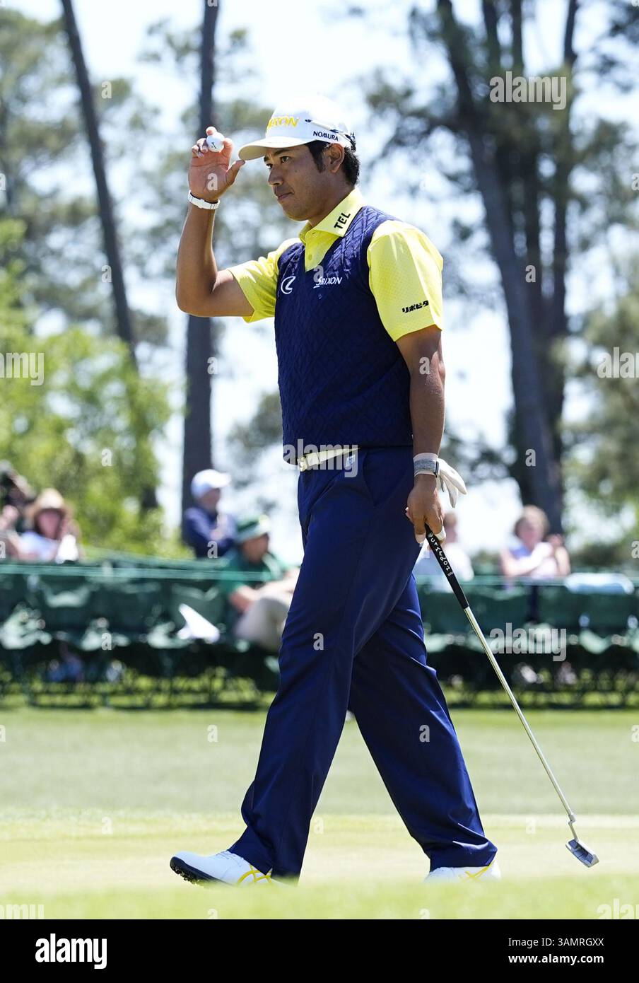 Hideki Matsuyama, du Japon, est photographié après avoir terminé la dernière manche du tournoi Masters à Augusta National Golf Club à Augusta, Géorgie, le 13 avril 2025. (Kyodo)==photo Kyodo via Credit : Newscom/Alamy Live News Banque D'Images