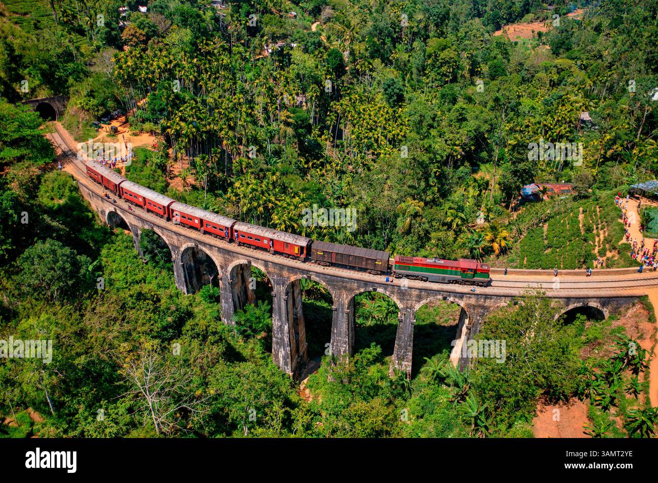 Vue aérienne d'un train traversant le pont Nine Arch à Badulla, Sri Lanka. Banque D'Images