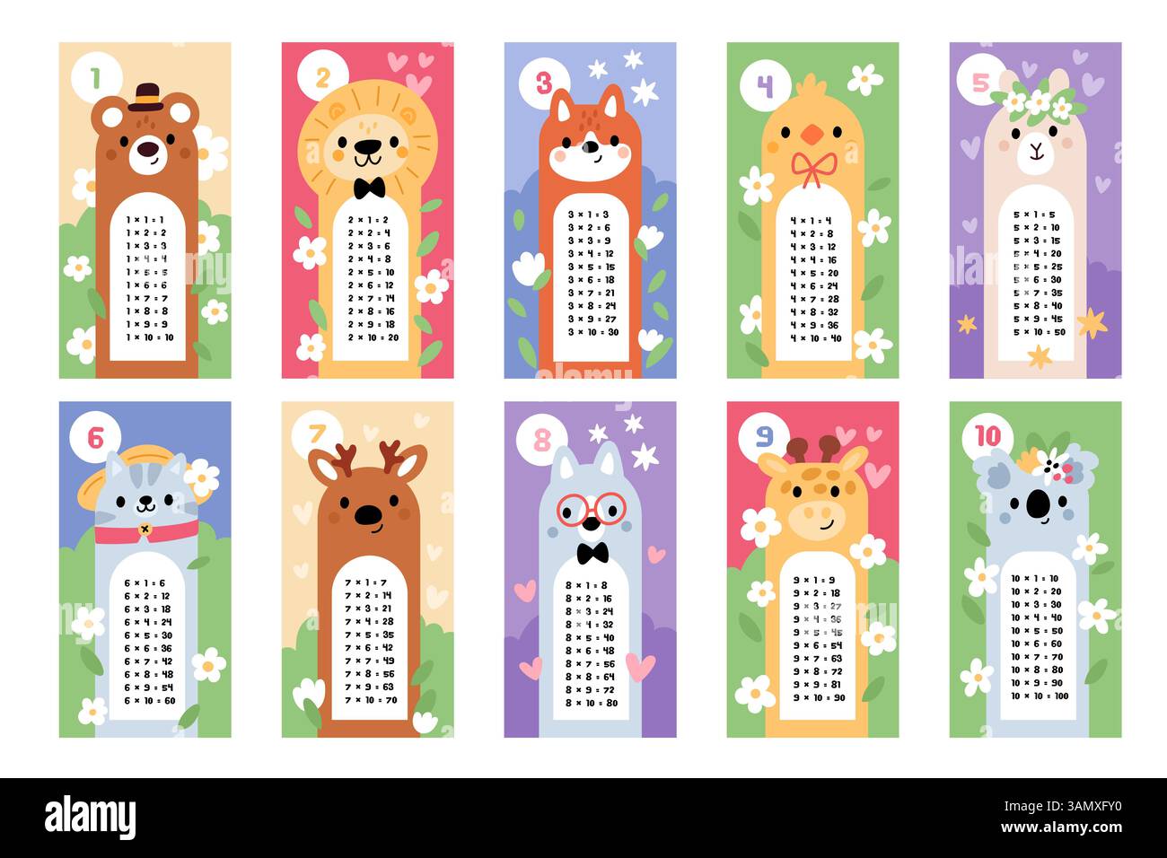 Table de multiplication des animaux. Autocollants éducatifs amusants enfantins, carte de mathématiques, matériel éducatif d'apprentissage, signets de comptage de l'école, dessin animé Illustration de Vecteur