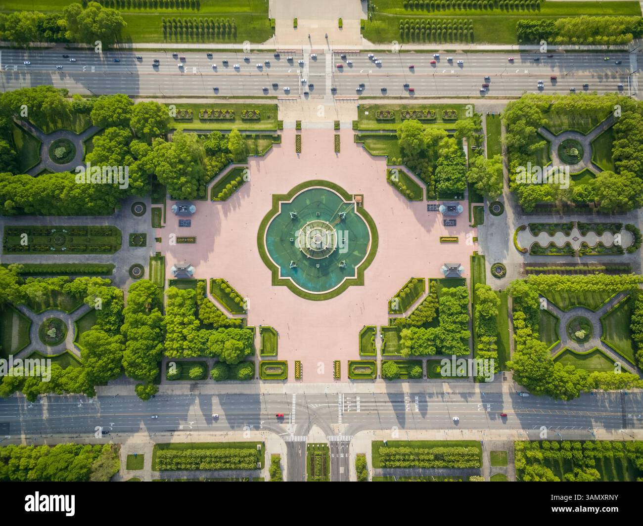 Vue aérienne au-dessus de la fontaine Buckingham à grand Park, Chicago, États-Unis. Banque D'Images