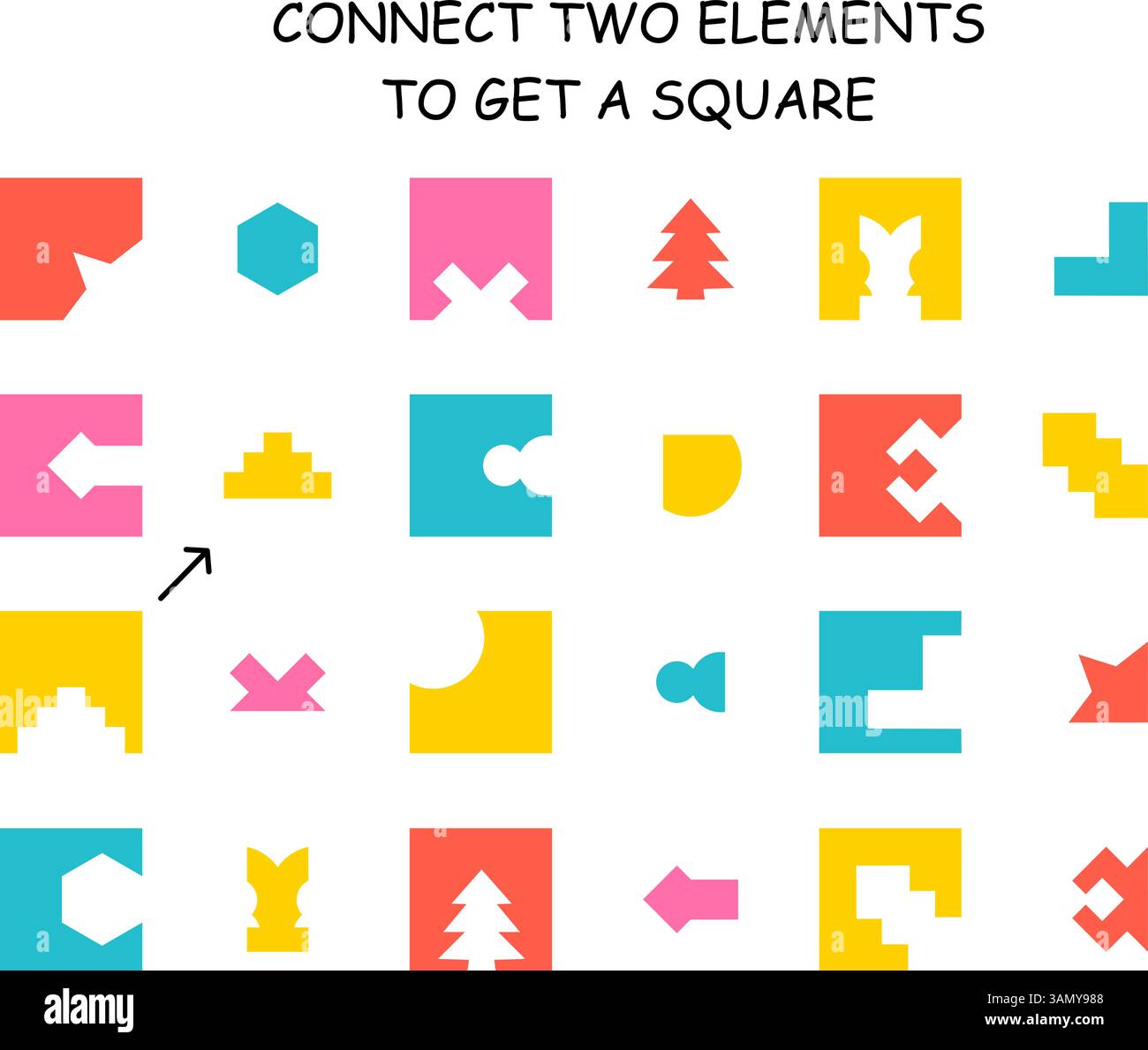 Connectez deux éléments jeu. Découpe de formes géométriques, jeu éducatif avec des carrés. Les enfants jouent, maternelle ou préscolaire modèle vectoriel de nos jours Illustration de Vecteur