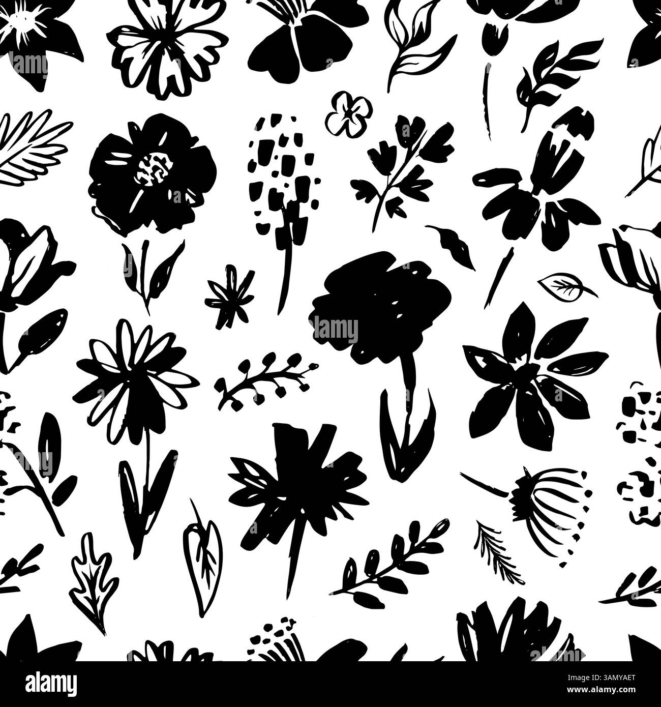 Motif sans couture de fleurs d'encre. Fleur d'art abstrait, feuille, branche, différentes plantes noires. Tissu botanique ou impression de papier peint, vecteur néotérique Illustration de Vecteur