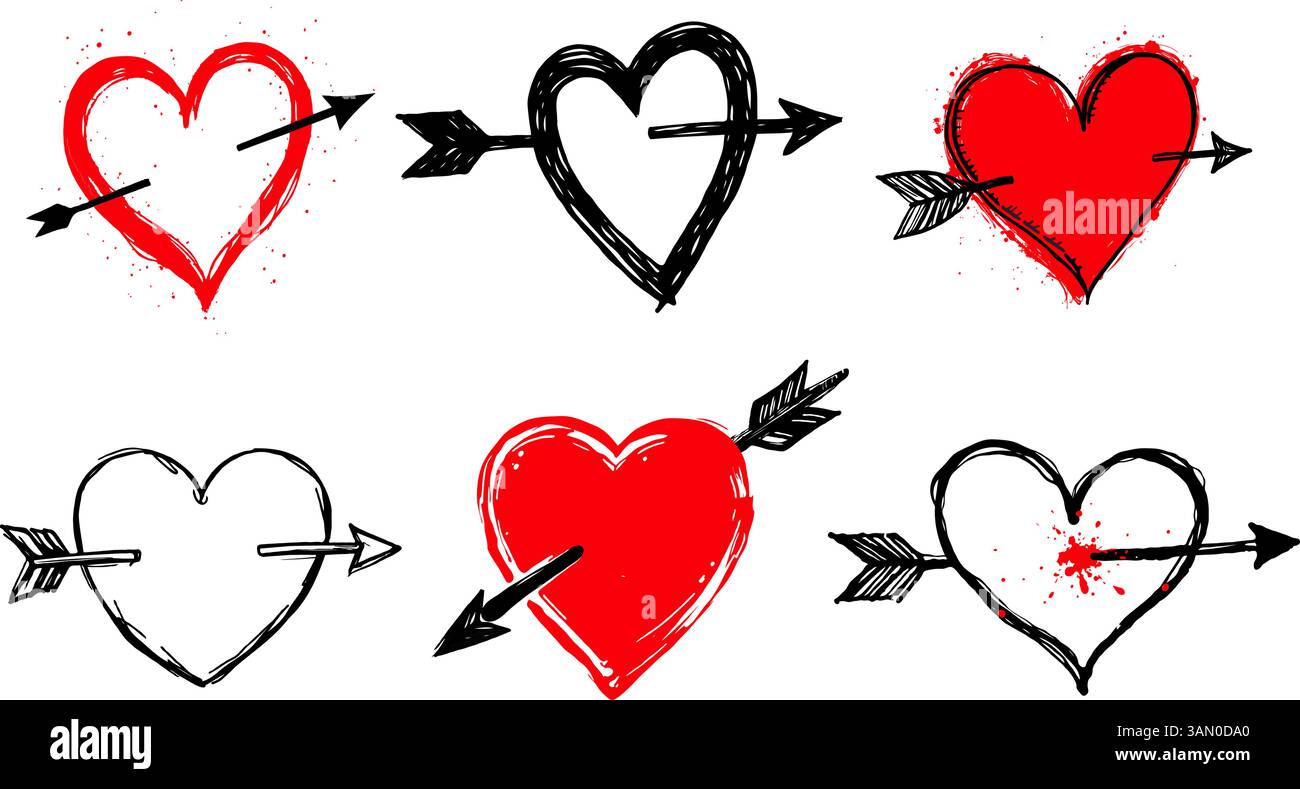 Cœurs dessinés à la main percés de flèches de style rouge et noir sur fond blanc, symbolisant l'amour, la passion et la romance. Saint Valentin, mariage Illustration de Vecteur