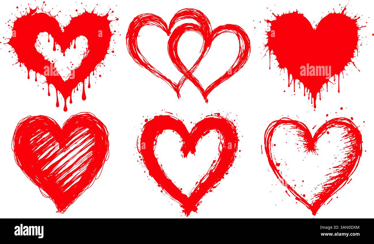 Ensemble de coeurs rouges dessinés à la main avec des éclaboussures de peinture et des traits, sur fond blanc, représentant l'amour. Saint-Valentin, illustration de mariage. Illustration de Vecteur