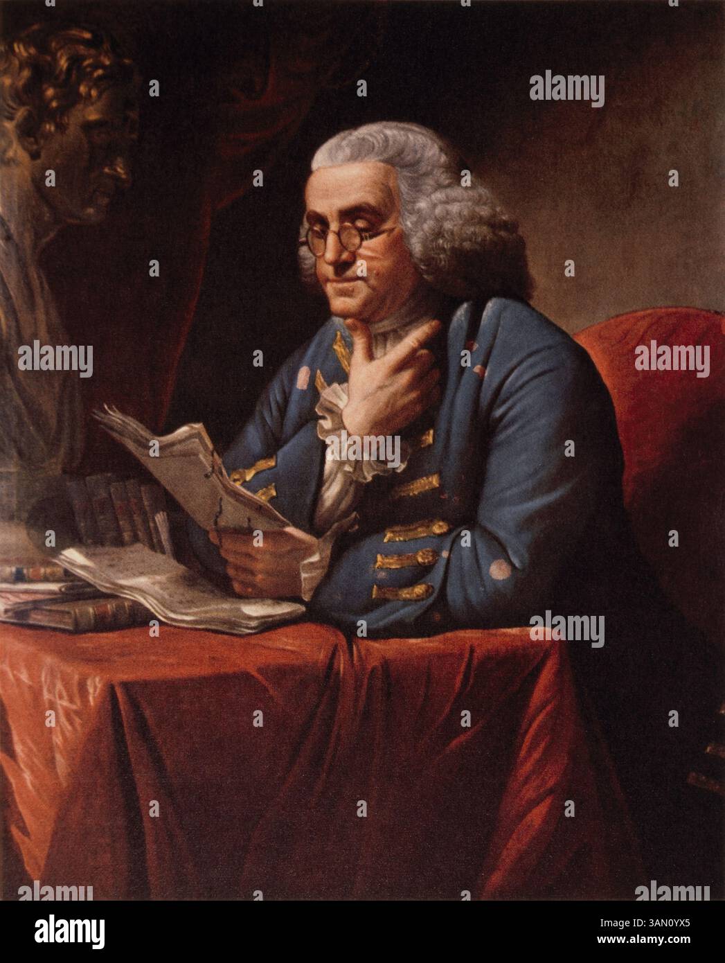 1er juin 1900 - Benjamin Franklin (1706-1790), lecture, portrait, peinture de David Martin, 1767 (crédit image : © Glasshouse/ZUMAPRESS.com) Banque D'Images