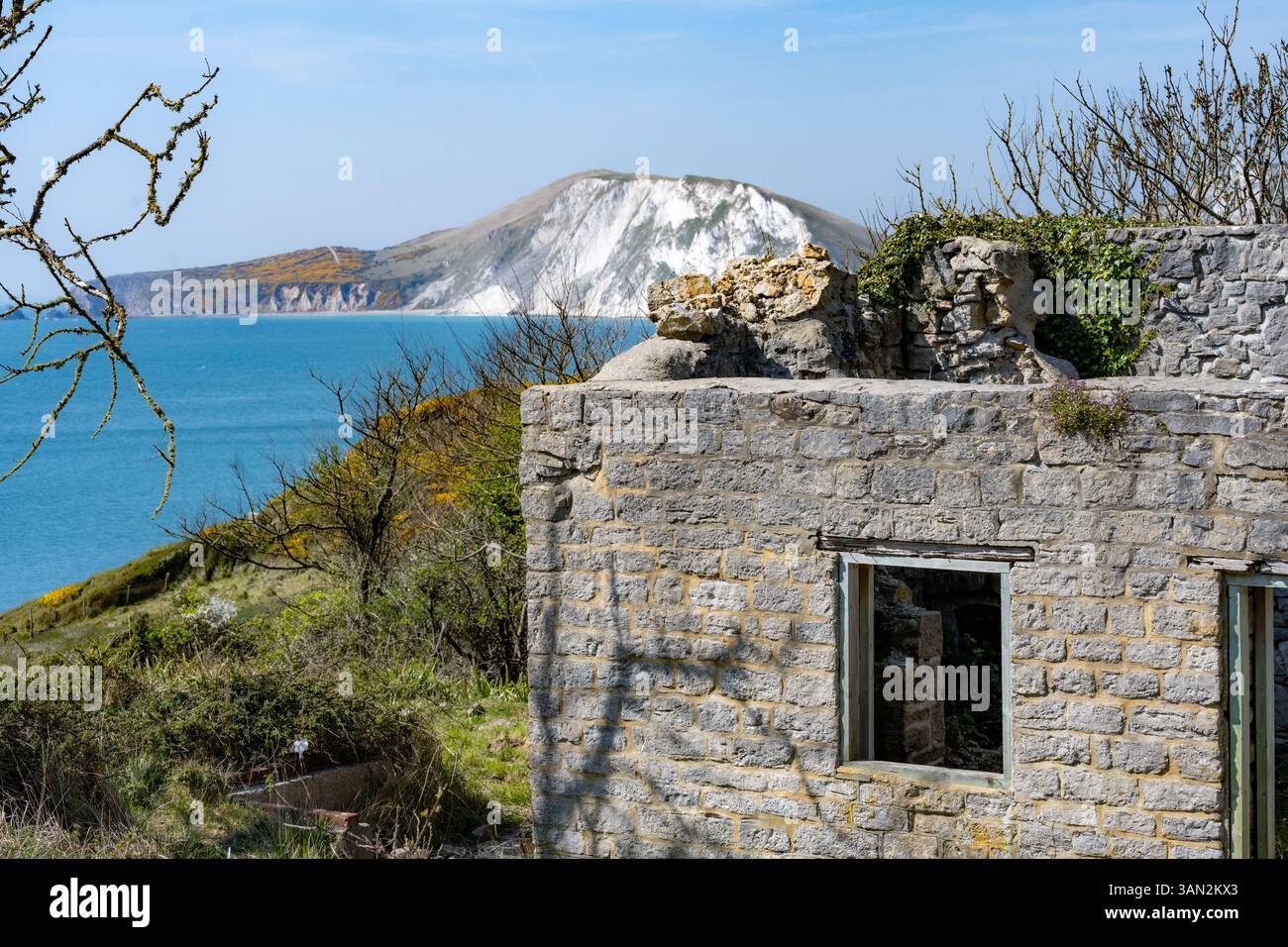 Bâtiment abandonné surplombant Worbarrow Bay à Tyneham Village, Dorset, évacué en 1943 pour que la zone soit transformée en champ de tir de l'armée. Banque D'Images