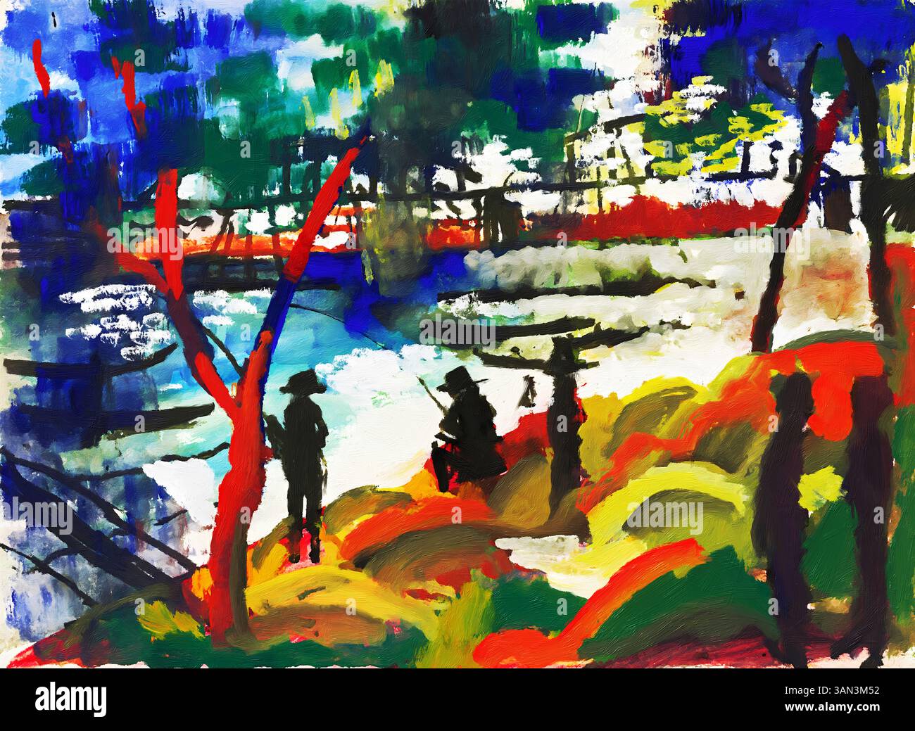 'Angler am Fluss' (1913) d'August Macke est un paysage riverain expressionniste dynamique capturant un pêcheur dans des contrastes de couleurs harmonieux. Ce musée-qualit Banque D'Images