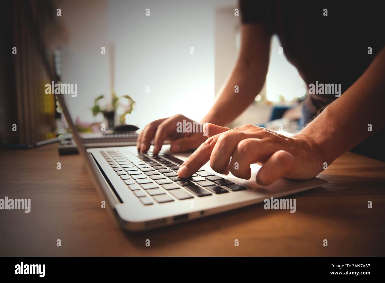 Homme utilisant un ordinateur portable, gros plan, homme d'affaires au travail Banque D'Images