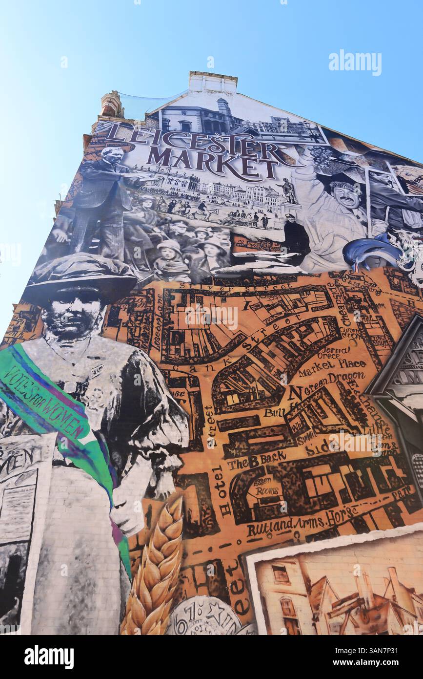 Panneau et murale pour le marché de Leicester sur la place du marché, vieux de 800 ans, et le plus grand marché couvert en Europe, Royaume-Uni Banque D'Images
