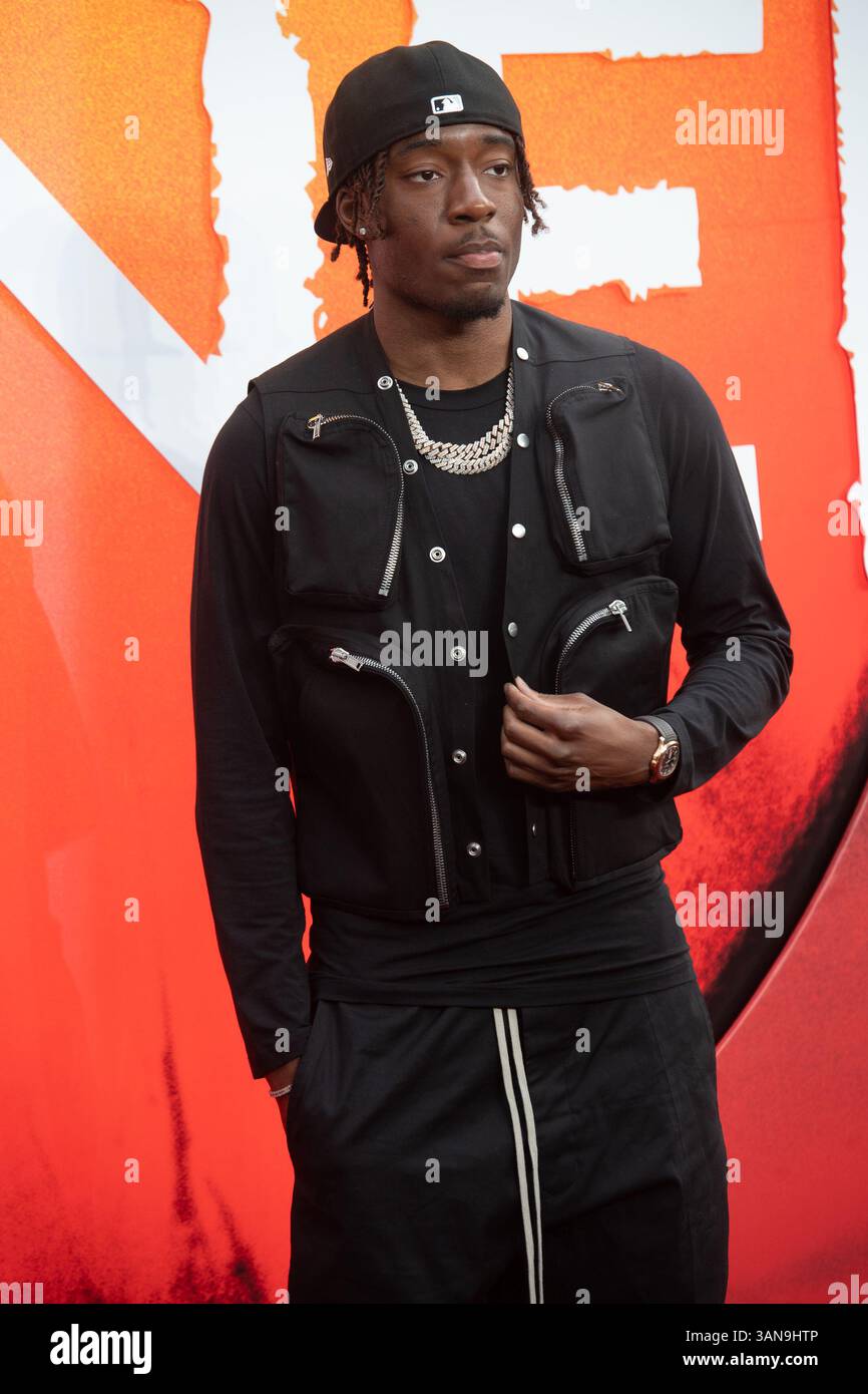 Londres, Royaume-Uni. 14 avril 2025. Photo : le footballeur de Chelsea Noni Madueke assiste à la première européenne de « Sinners » au Cineworld Leicester Square. Crédit : Justin Ng/Alamy Live News Banque D'Images