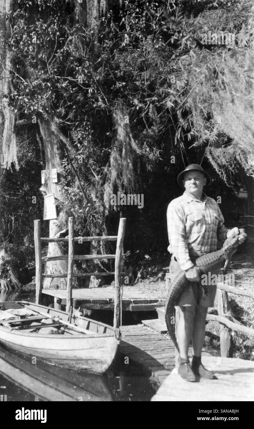 "Trappeur Nelson" (né Vincent Nostokovich), le soi-disant 'Wildman of the Loxahatchee' (1908-1968) tenant un alligator vivant dans sa ferme devenue zoo sur la rivière Loxahatchee à Jupiter, en Floride. (USA) photo c1960. Banque D'Images