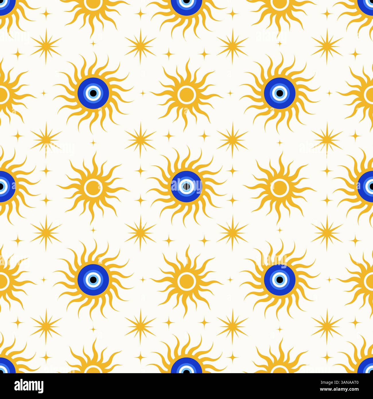 Mauvais œil fond sans couture. Motif vectoriel grec avec perle bleue et soleil. Magic nazar - symbole ethnique abstrait de protection et de chance. Mystic Illustration de Vecteur